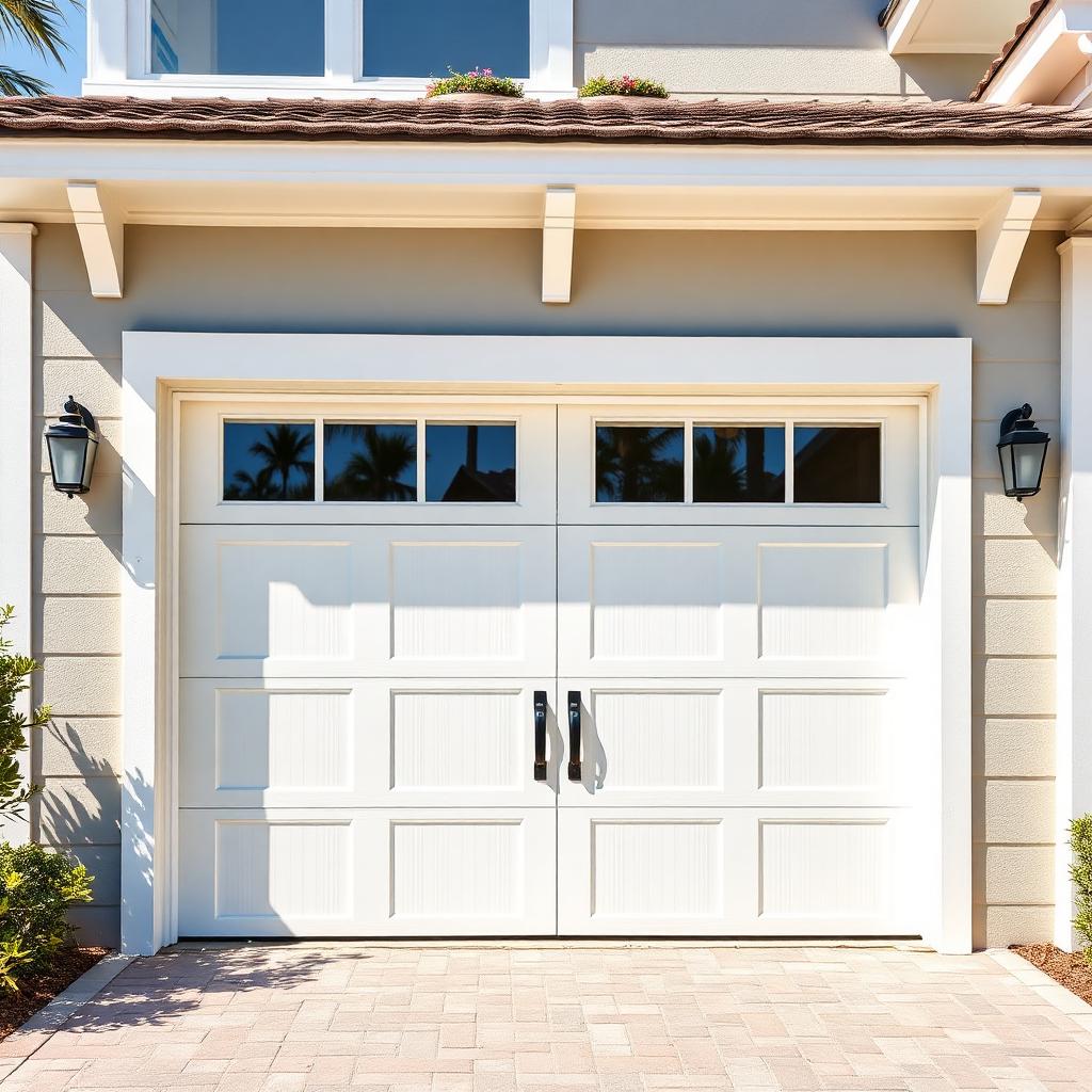 Beautiful coastal style garage door with porthole windows installed on modern home
