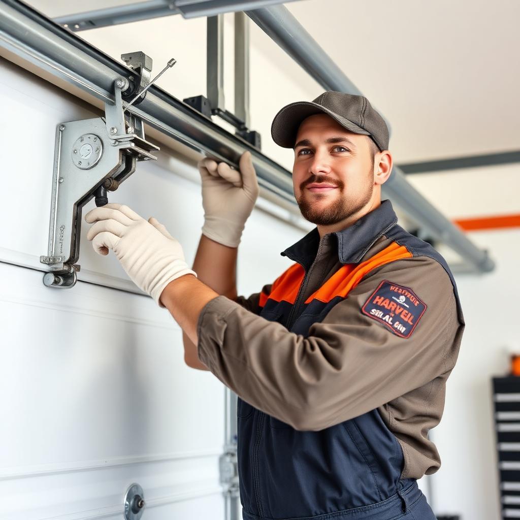Professional garage door technician adjusting track alignment with precision